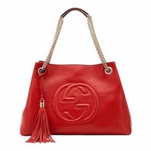 Soho Red Leather Chain-Strap Tote Shoulder Bag
